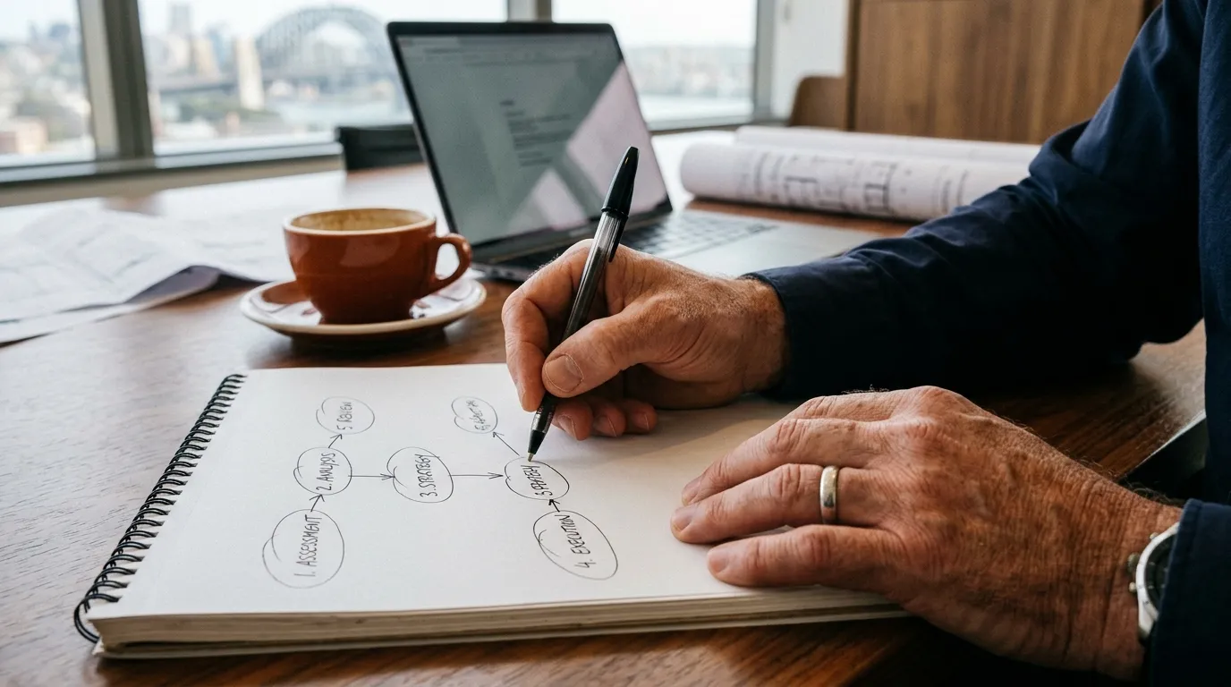 Process flow diagram sketch in a Sydney boardroom
